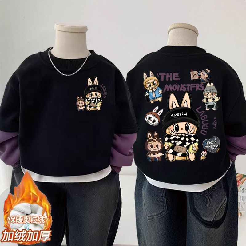 男童加绒假两件卫衣秋冬中大童韩版潮上衣长袖新款酷帅拉布儿童装