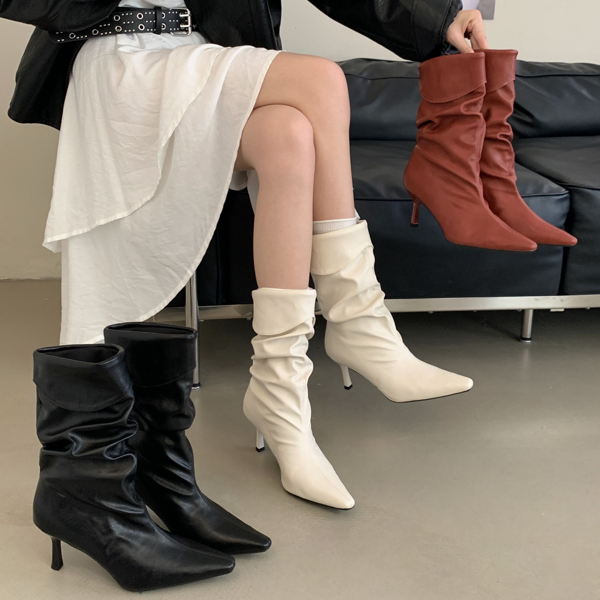 FGYZ-789-1尖头褶皱短靴女2025秋冬新款细跟显瘦堆堆靴高跟女靴子
