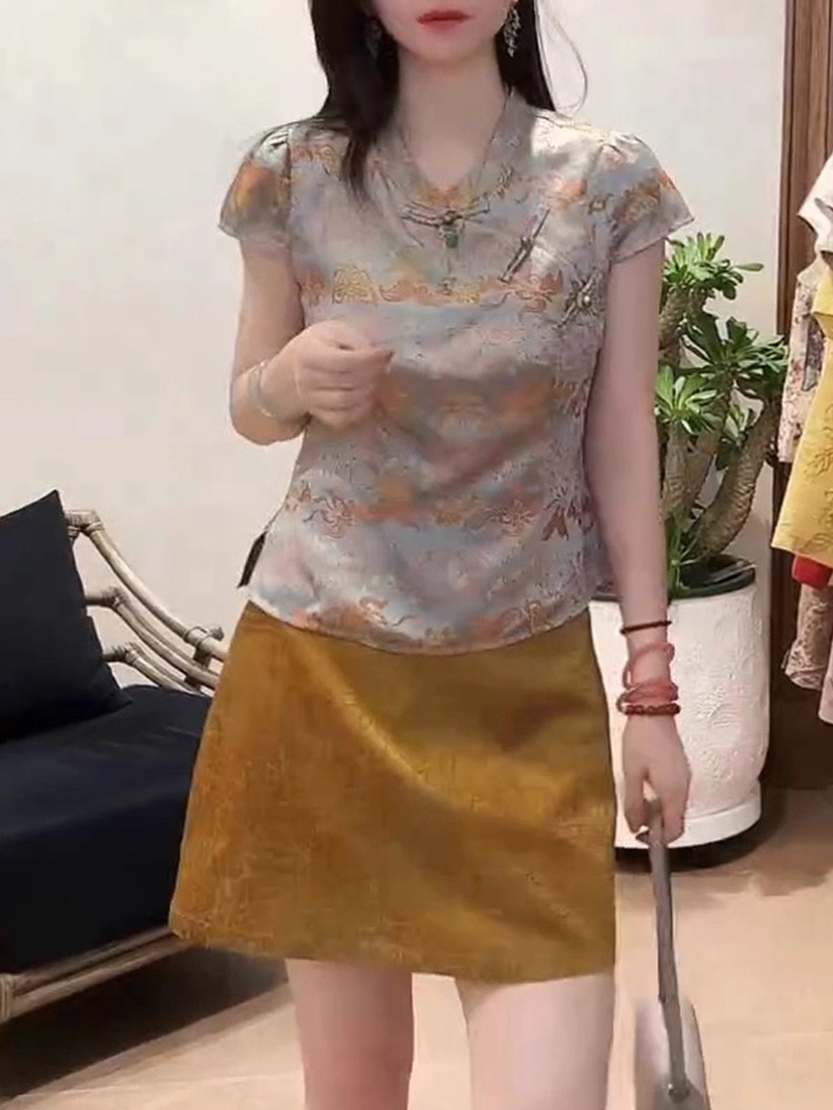 新中式国风裙子套装女夏季新重工提花盘扣短袖衬衫半身短裙两件套