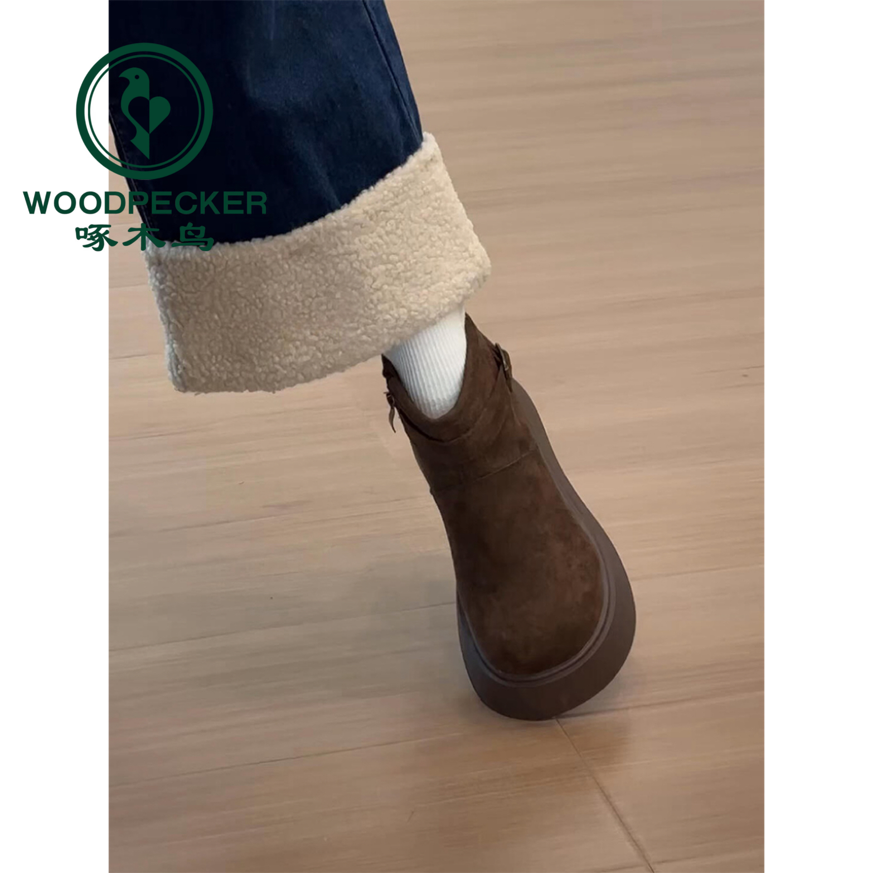 啄木鸟绒面厚底马丁靴女2025新款冬季加绒保暖勃肯棉鞋雪地短靴女