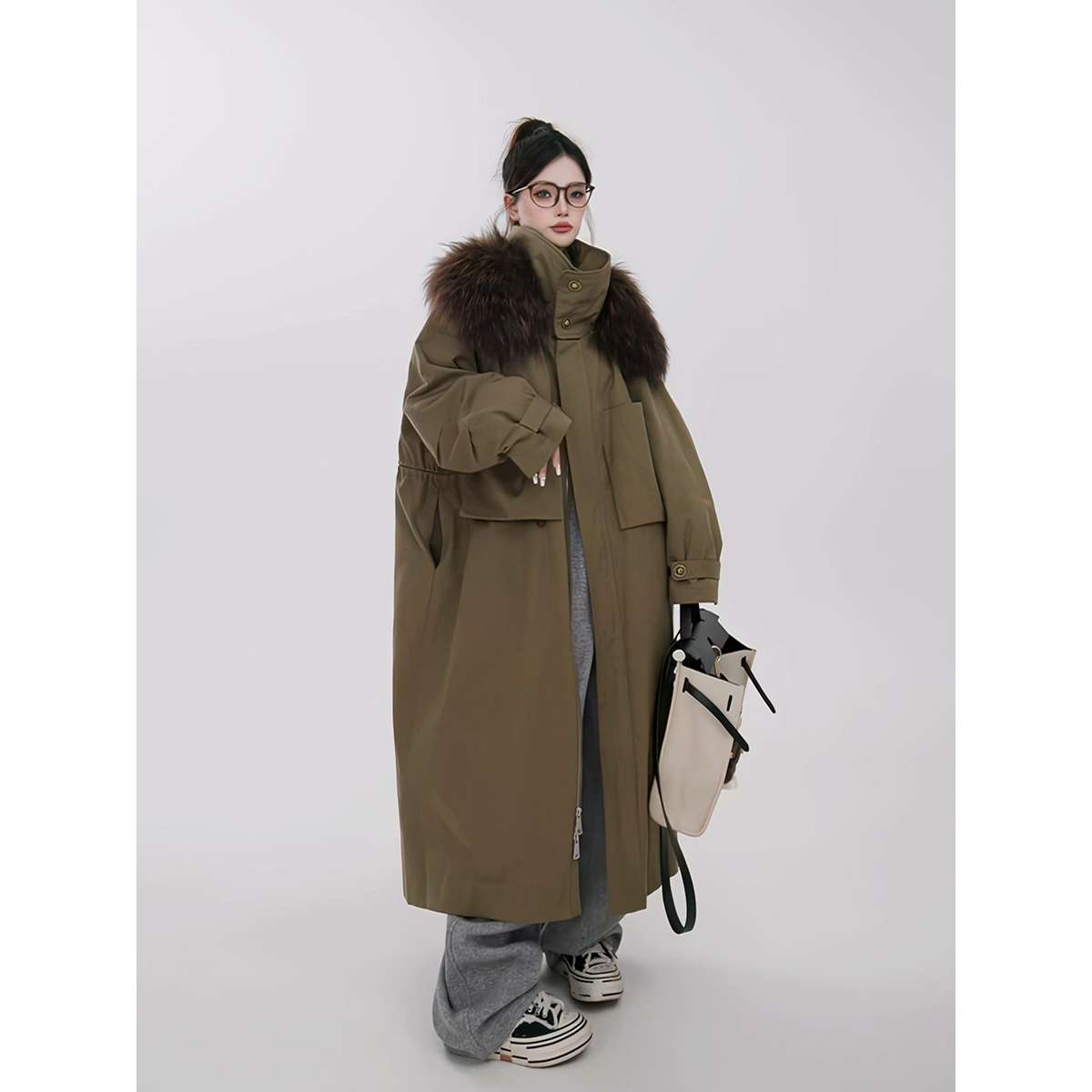 工装立领大毛领加绒长款派克服女冬2025新款宽松加厚羽绒大衣外套