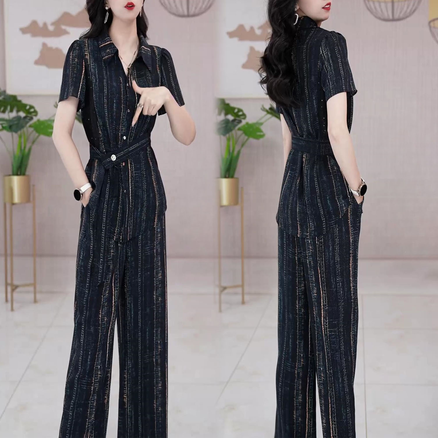 时尚短袖休闲套装女2026年夏季新款气质显瘦翻领上衣阔腿裤两件套