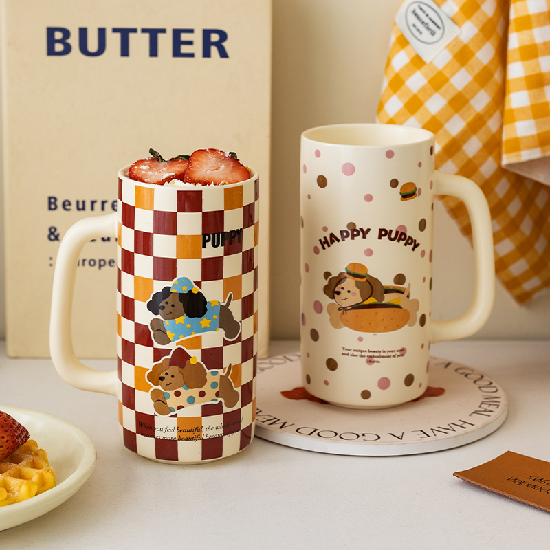 摩登主妇可爱小狗杯子家用喝水杯高颜值早餐杯好看高杯陶瓷马克杯
