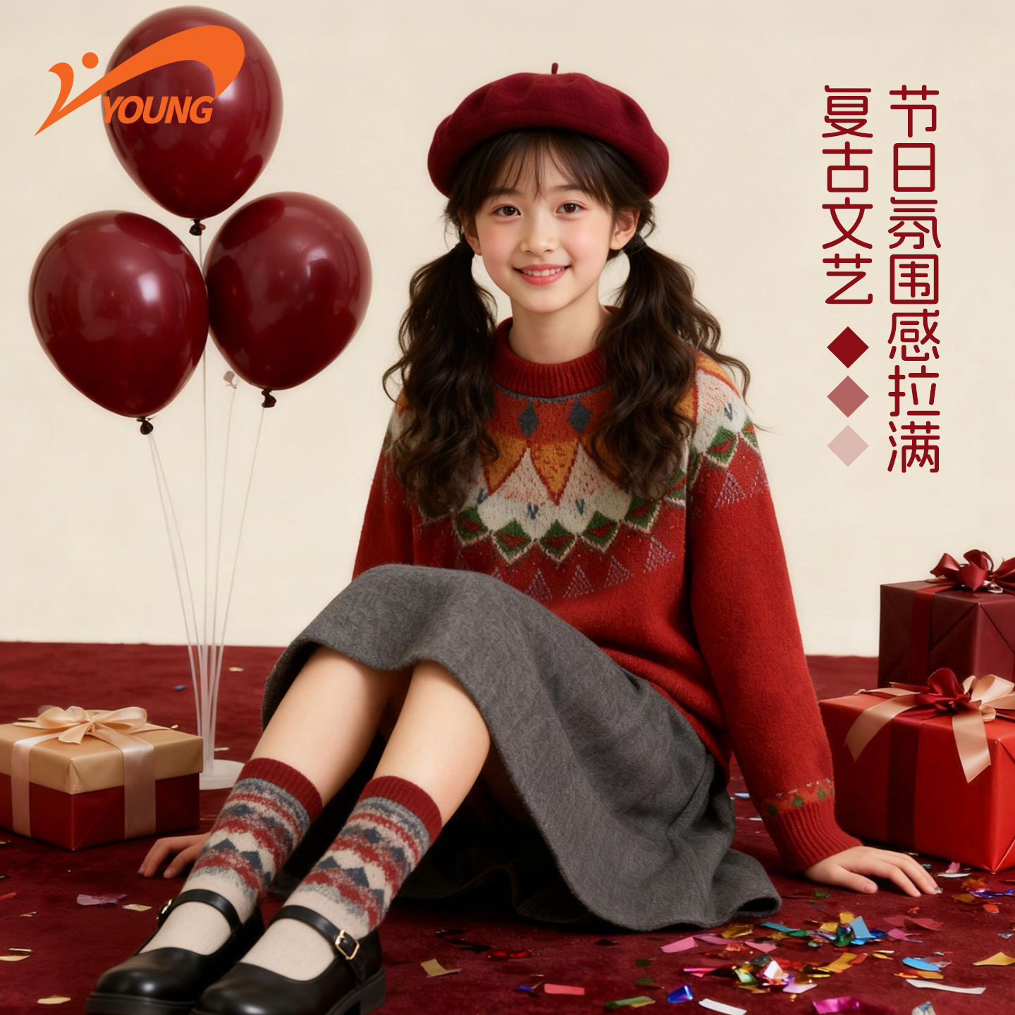 贵人鸟女童毛衣2025新款加厚费尔岛红色女孩针织衫儿童圣诞衣服冬