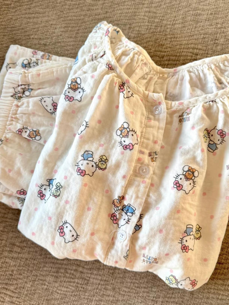 双层棉纱睡衣女春秋长袖长裤2025新款圆点可爱kitty猫圆领居家服