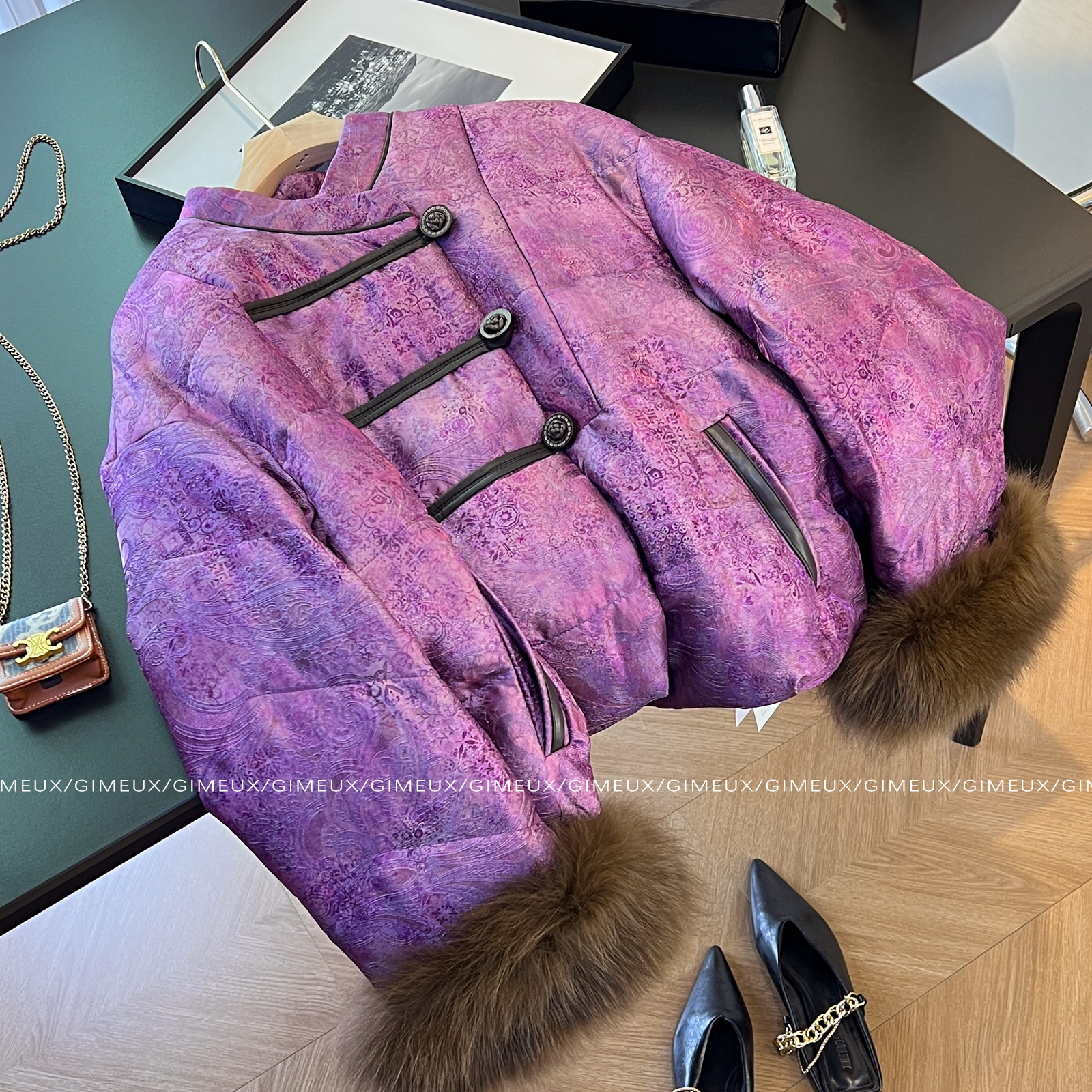 高端气质盘扣毛袖加厚羽绒外套女冬季设计感国风复古新中式外套