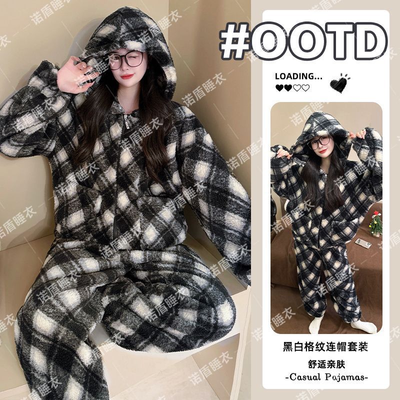 加绒加厚睡衣套装2025冬季新款保暖睡衣女黑色格可外穿家居服