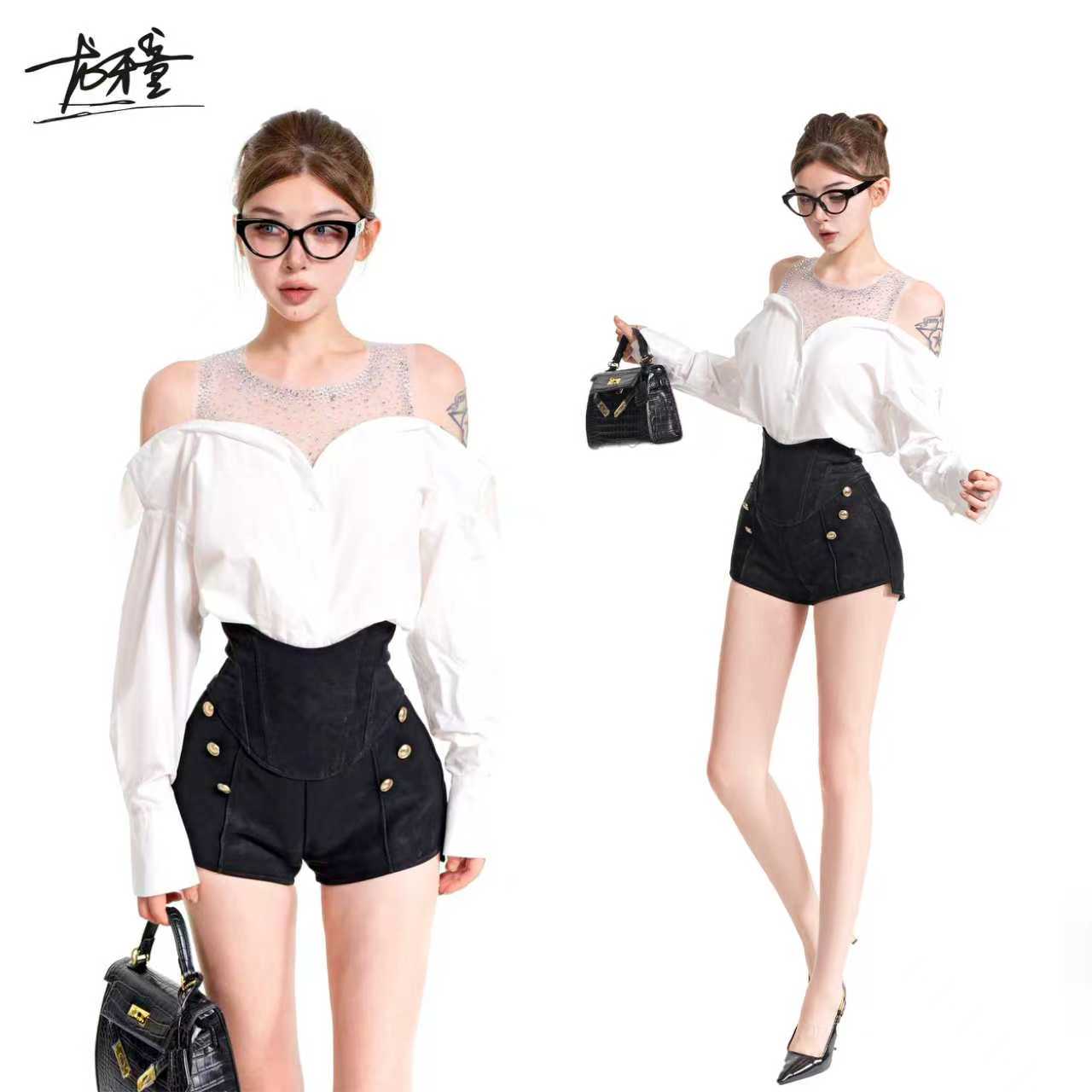 龙牙童推荐【闪钻衬衫】春秋法式短款女衬衫长袖显瘦百搭设计感拼接