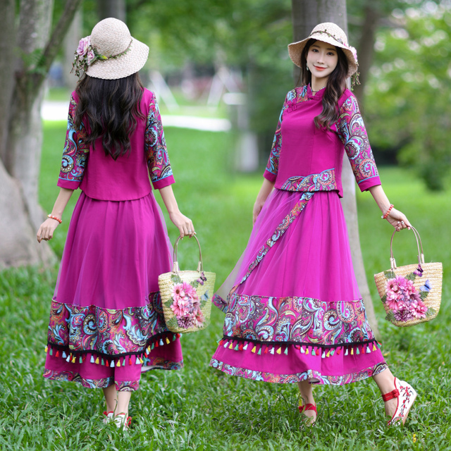 中国风印花中式改良旗袍上衣套装女秋装流苏大摆半身裙修身两件套