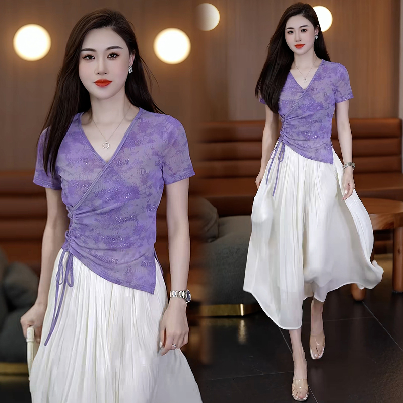 时尚气质不规则扎染v领短袖t恤女2025年夏季新款修身显瘦抽绳上衣