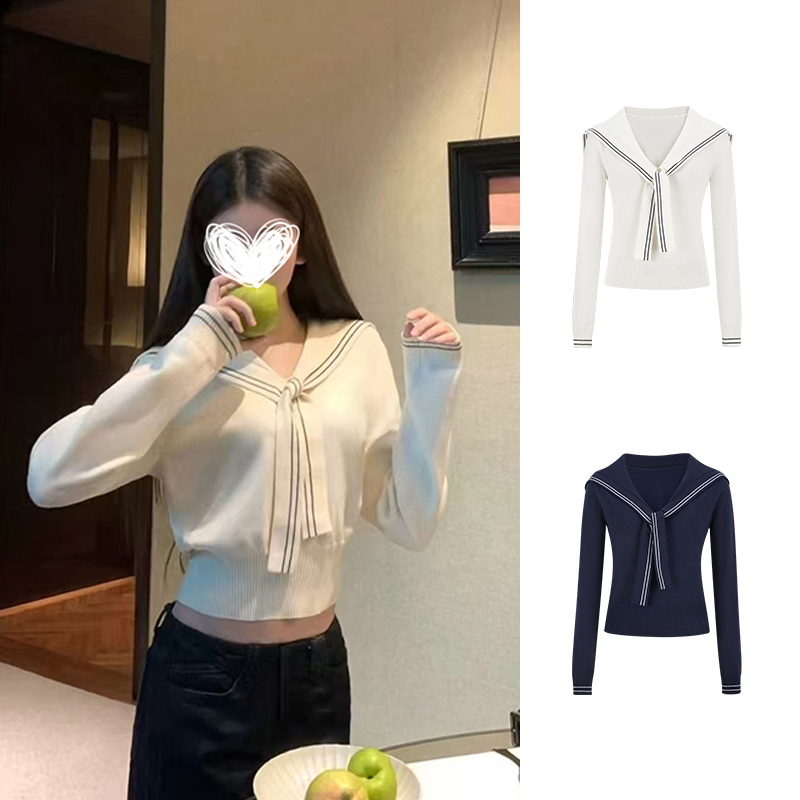 Moses Queen/魔西女王海军领长袖针织衫女秋季学院风短款上衣