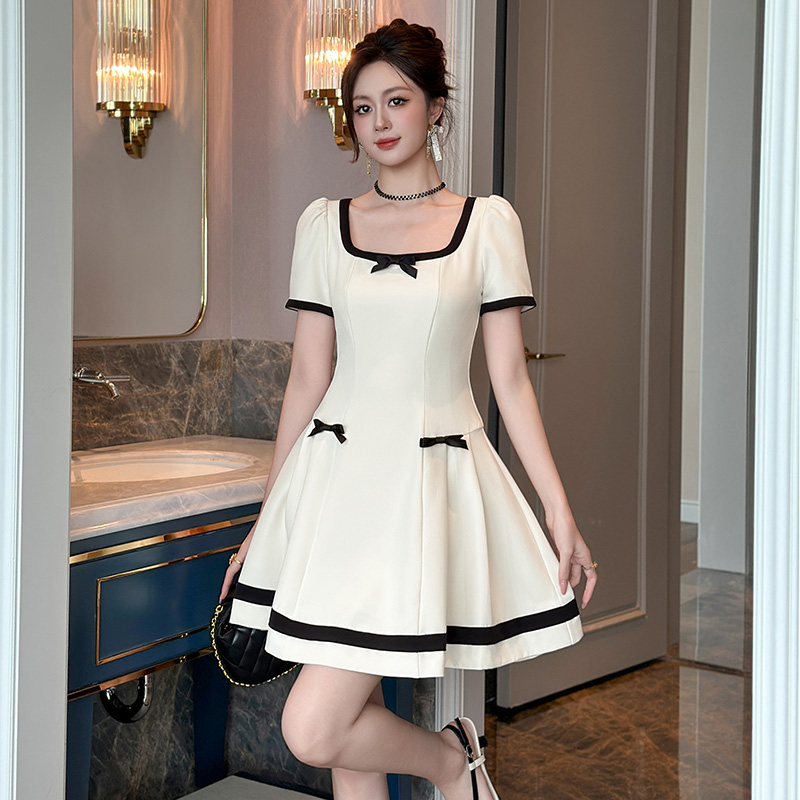 法式甜美可爱风小个子方领连衣裙女装蝴蝶结拼接a字掐腰小短裙潮