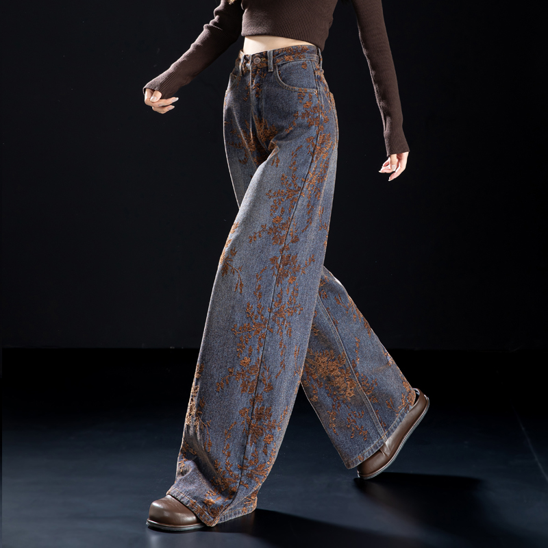 加厚植绒雪尼尔牛仔裤女2025新款秋冬版型好看裤子棕色提花阔腿裤