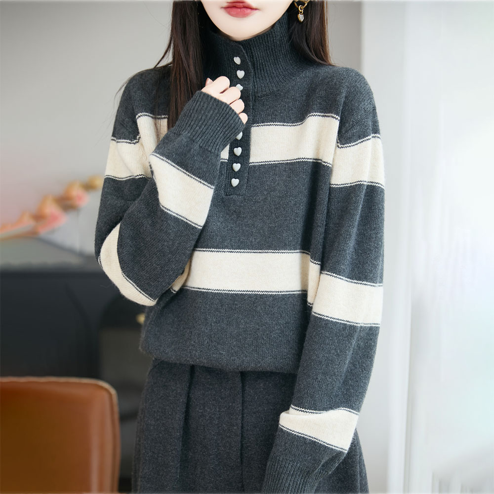 时尚条纹高领毛衣女士秋冬慵懒减龄宽松加厚半开领内搭针织衫上衣