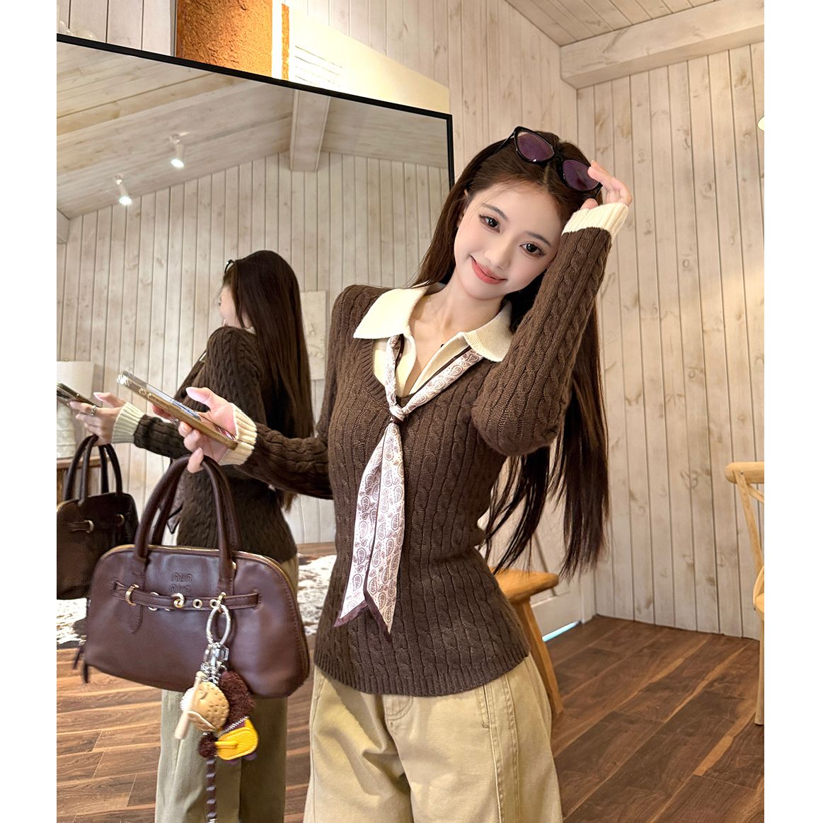 麻花毛衣女秋冬拼接假两件内搭复古长袖打底外穿针织设计感上衣