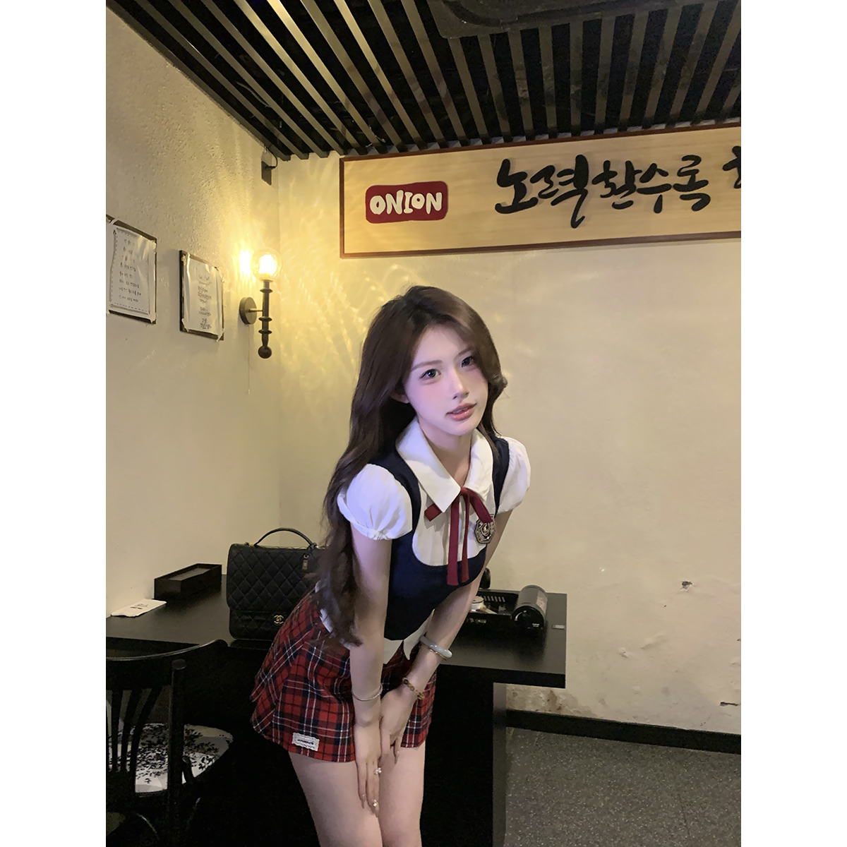 麻吉mochi 马甲衬衫假两件上衣女夏季新款格纹半裙学院风套装