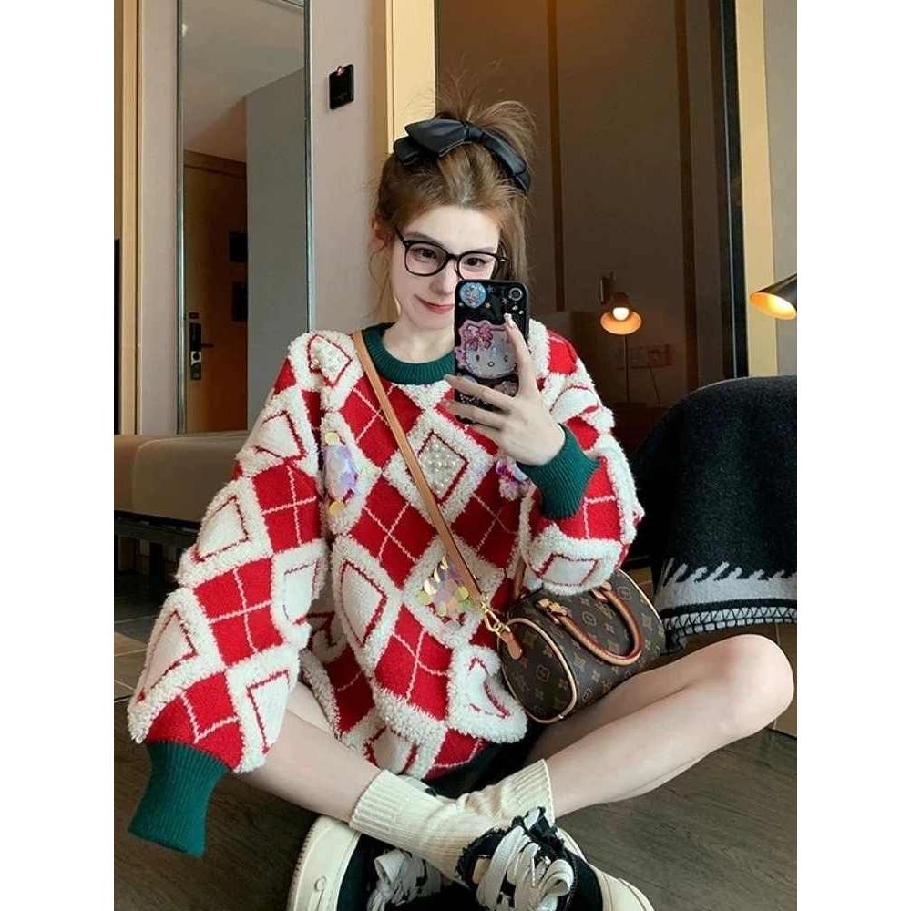 红色菱格亮片毛衣女2024新款秋冬季内搭慵懒风加厚打底圣诞针织衫