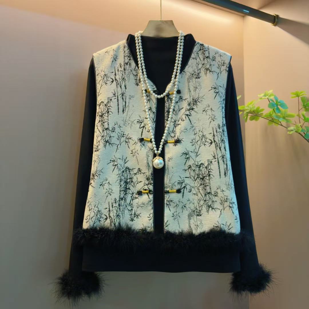 新款时尚洋气纯色新中式高级感显瘦遮肉马甲两件套（衣长63左右）