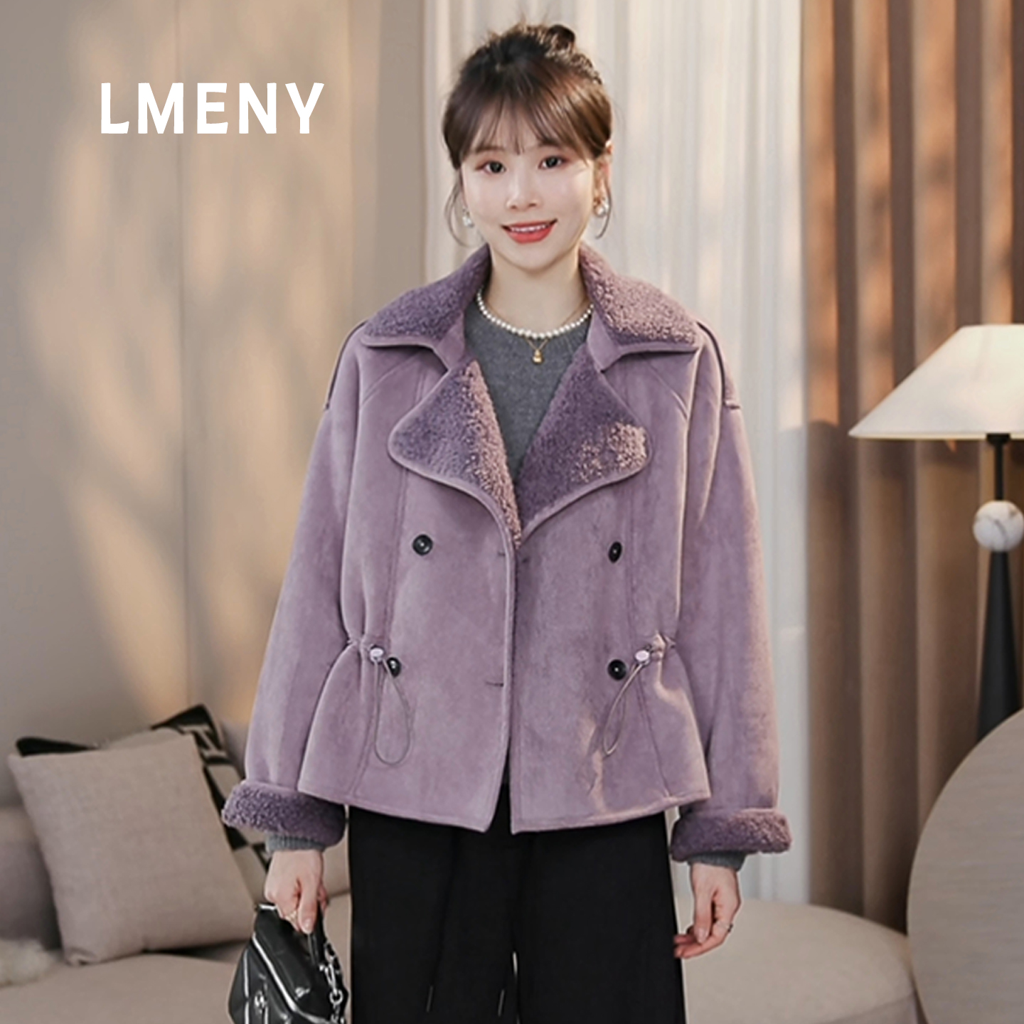 LMENY“阿萨姆”毛毛外套女2025冬季新款翻领收腰保暖外套25DW028