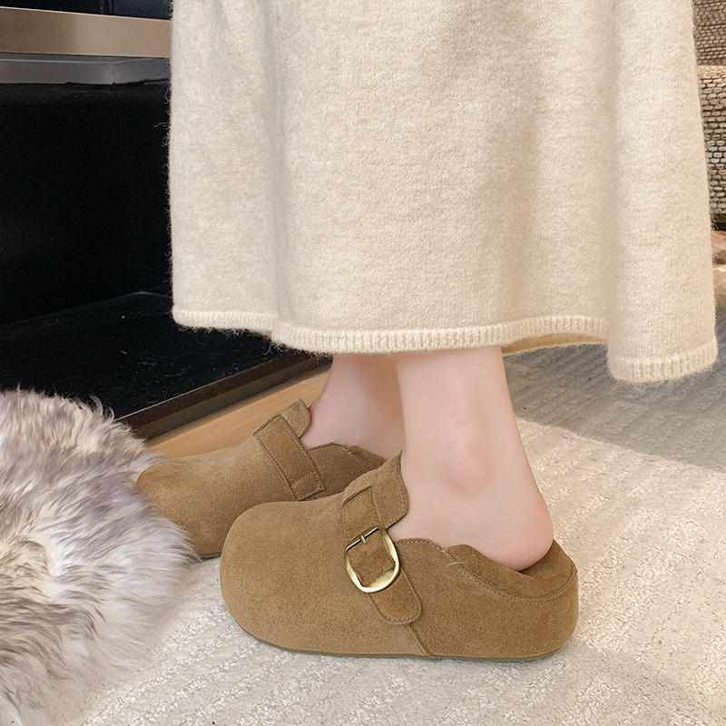 厚底内增高两穿勃肯鞋女加绒2025新款冬季一脚蹬毛毛二棉鞋乐福鞋