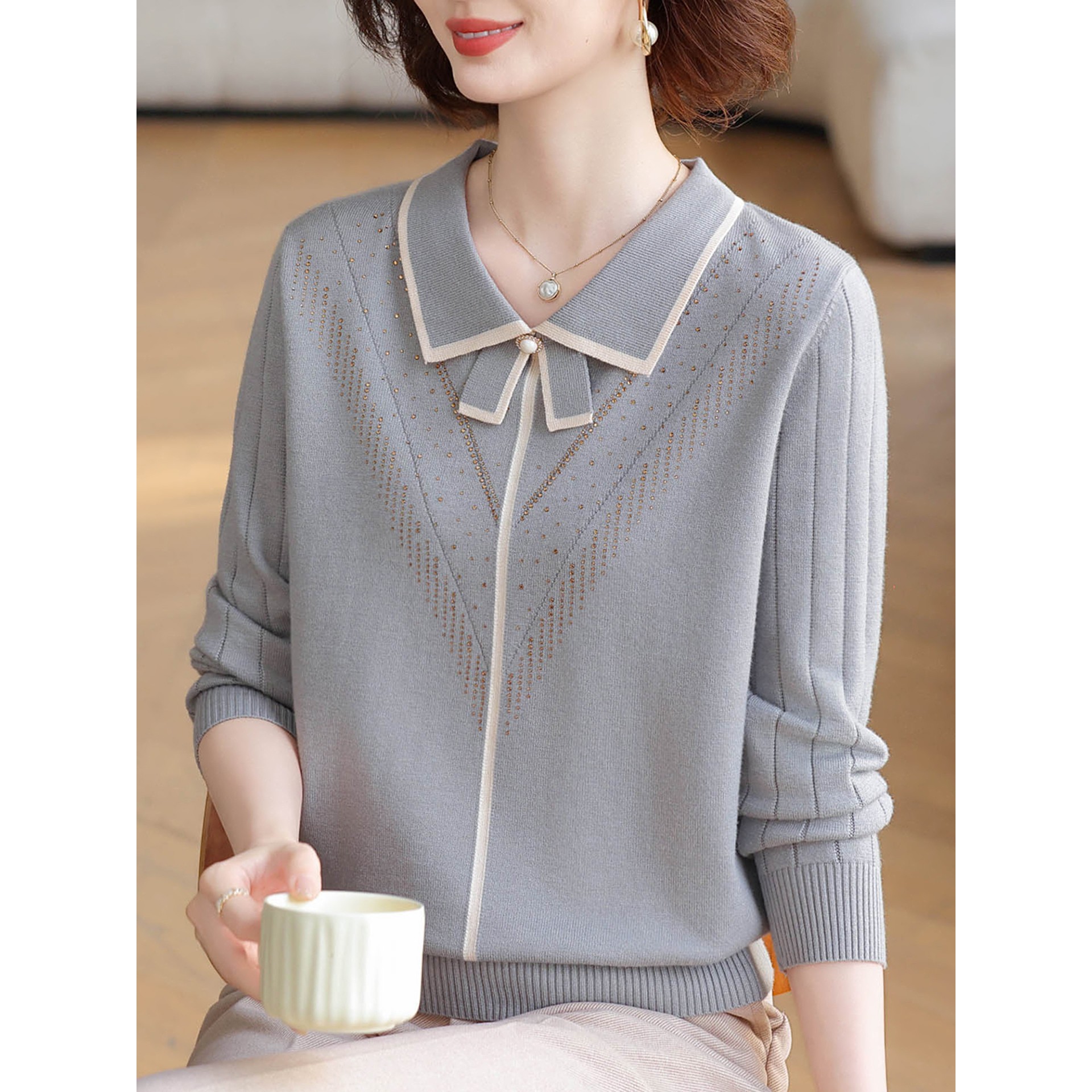 洋气妈妈秋装翻领T恤薄款针织上衣中年老女装春季减龄长袖打底衫