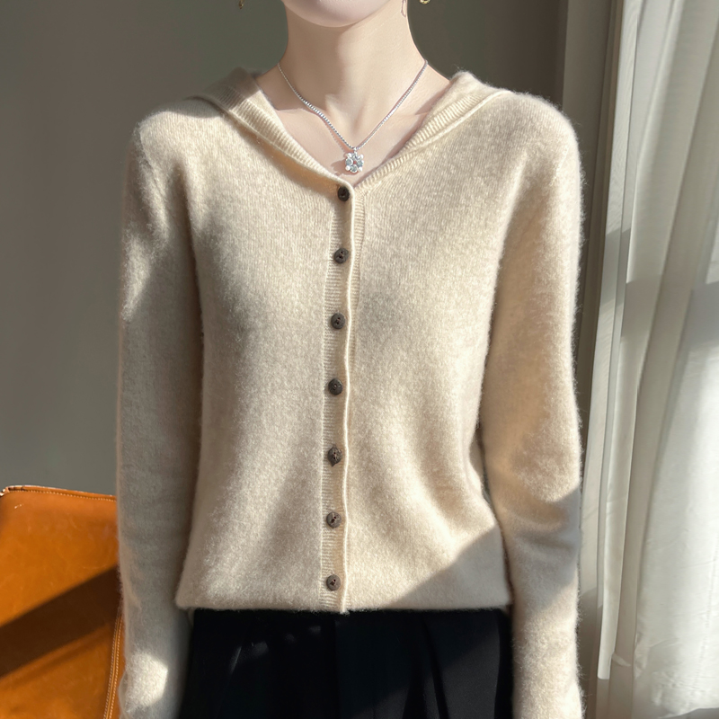 (一线成衣 天衣无缝）连帽羊毛开衫秋季新款针织外搭宽松版外套514