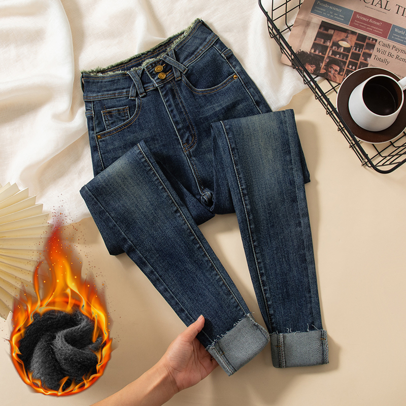 加绒高腰紧身小脚牛仔裤女翻盖设计秋冬显瘦显高百搭铅笔牛仔裤潮