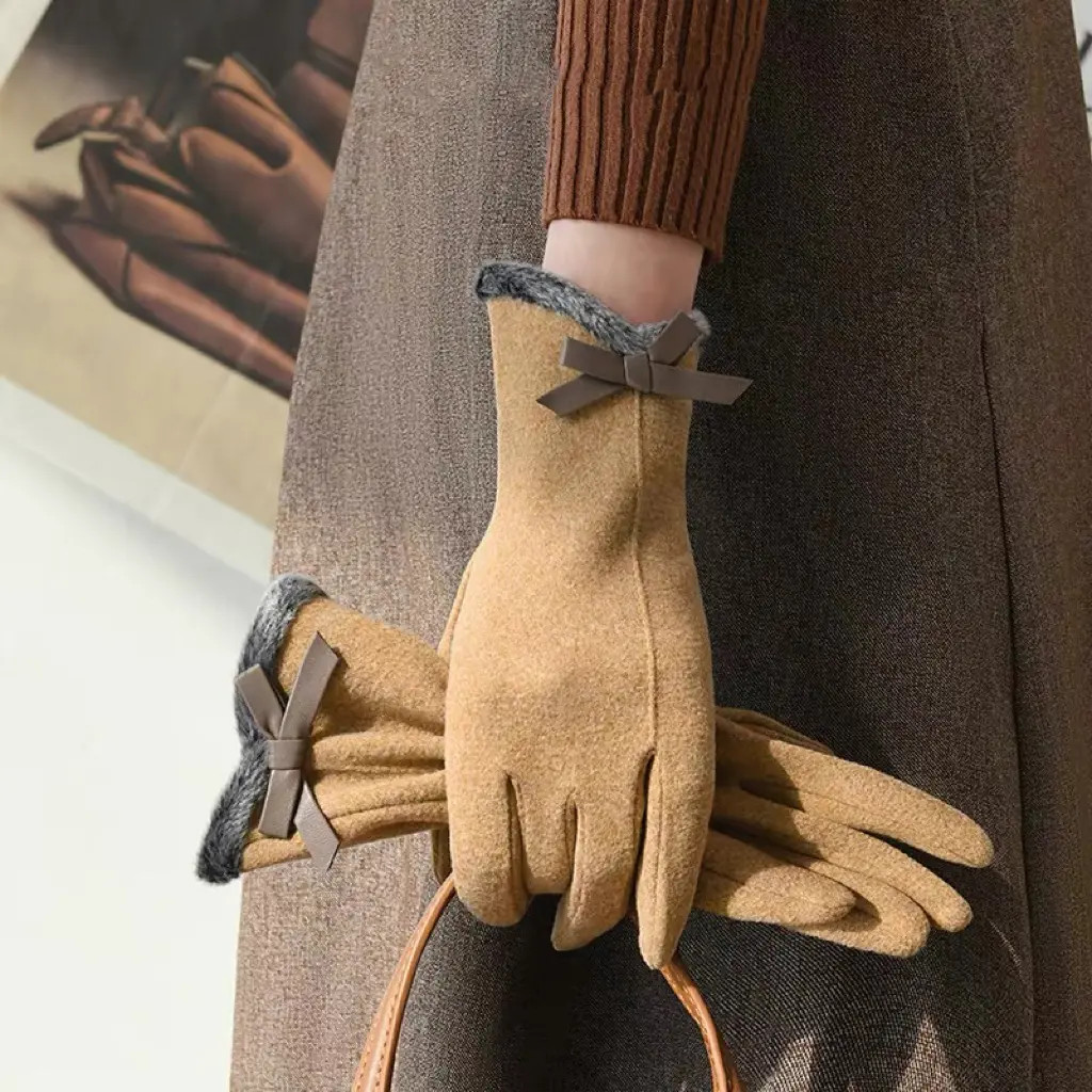 保暖升级！加绒蝴蝶结优雅风可触屏五指手套加厚防风冬天韩版户外