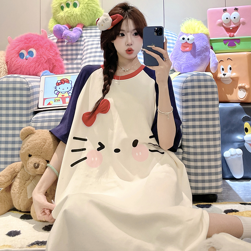 100%纯棉睡裙女夏季短袖卡通甜美宽松睡衣新款女士夏天网红家居服