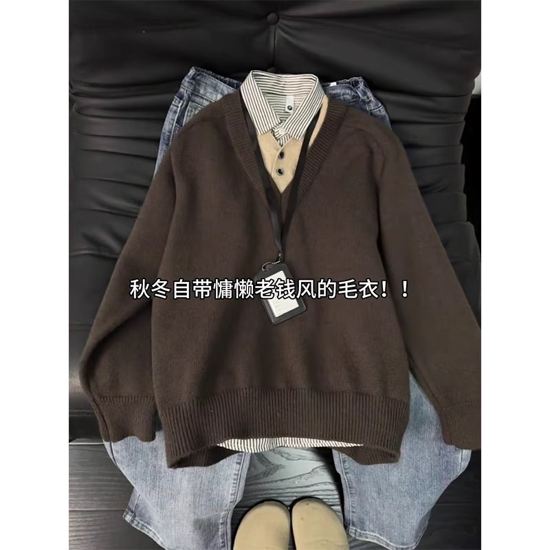 假两件毛衣男女冬季老钱风少年感拼接设计打底衫复古简约情侣外套