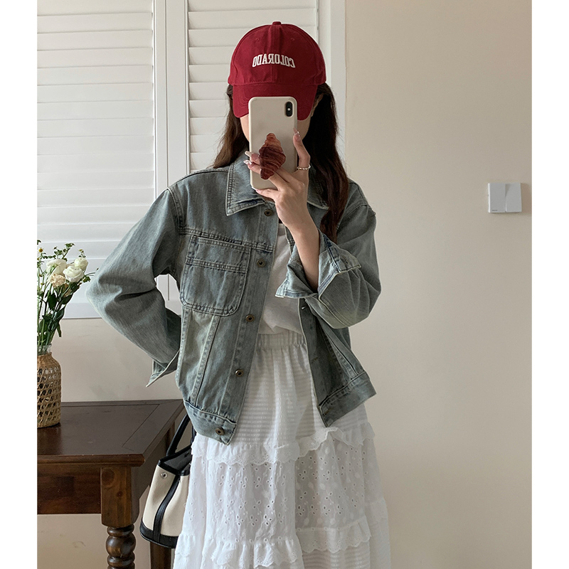蓝色牛仔外套女2025春秋季港味chic复古休闲短款上衣夹克牛仔衣潮