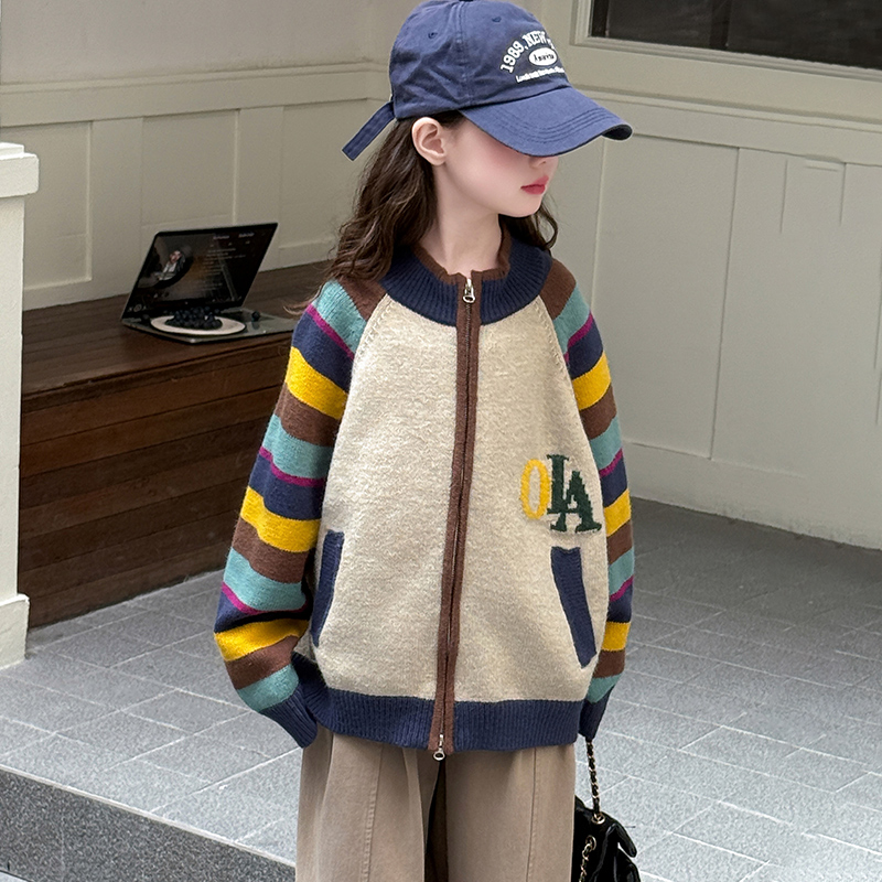 女童外套春秋装毛衣2025新款中大童韩版撞色洋气棒球服儿童针织衫