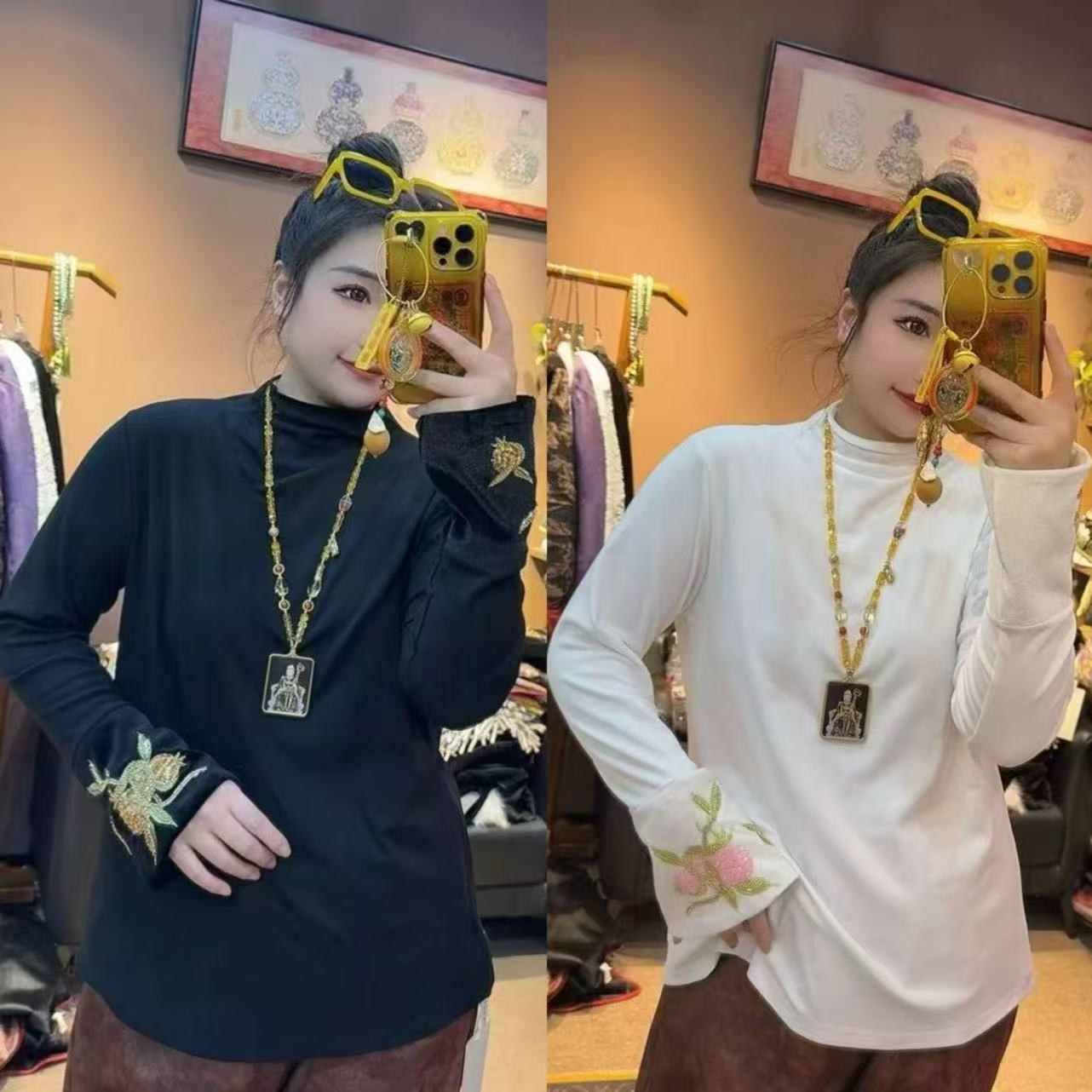 清苍价～99056南油高定重工刺绣马蹄袖高领衫百搭显瘦大码打底衫