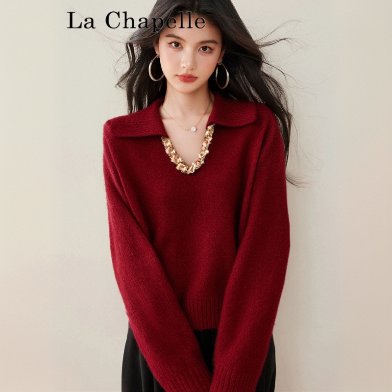 拉夏贝尔安可拉红色V领亮片针织衫显瘦女秋冬季高级感毛衣上衣