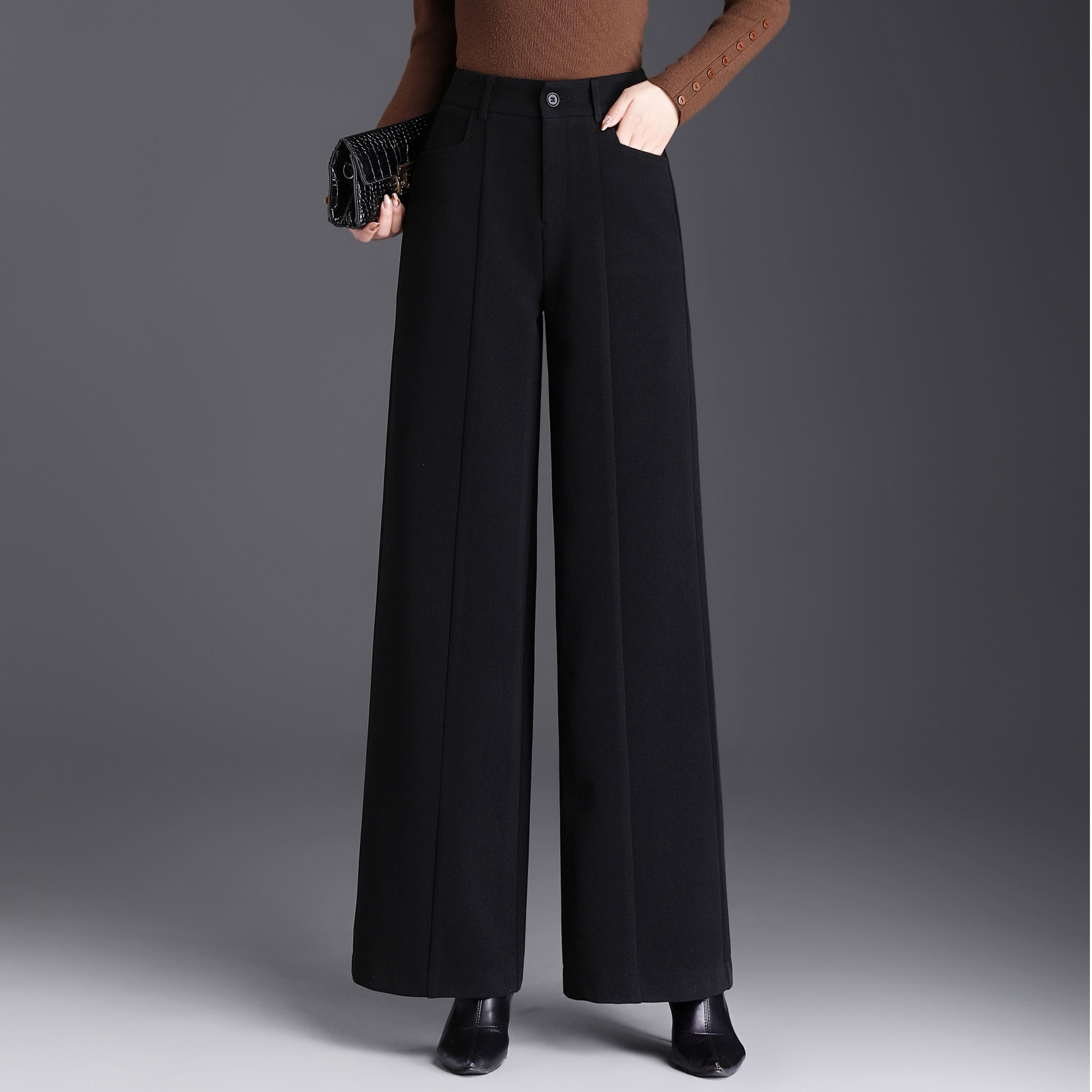 2025新款秋冬高腰垂感毛呢阔腿裤女士宽松直筒长裤显瘦休闲裤百塔