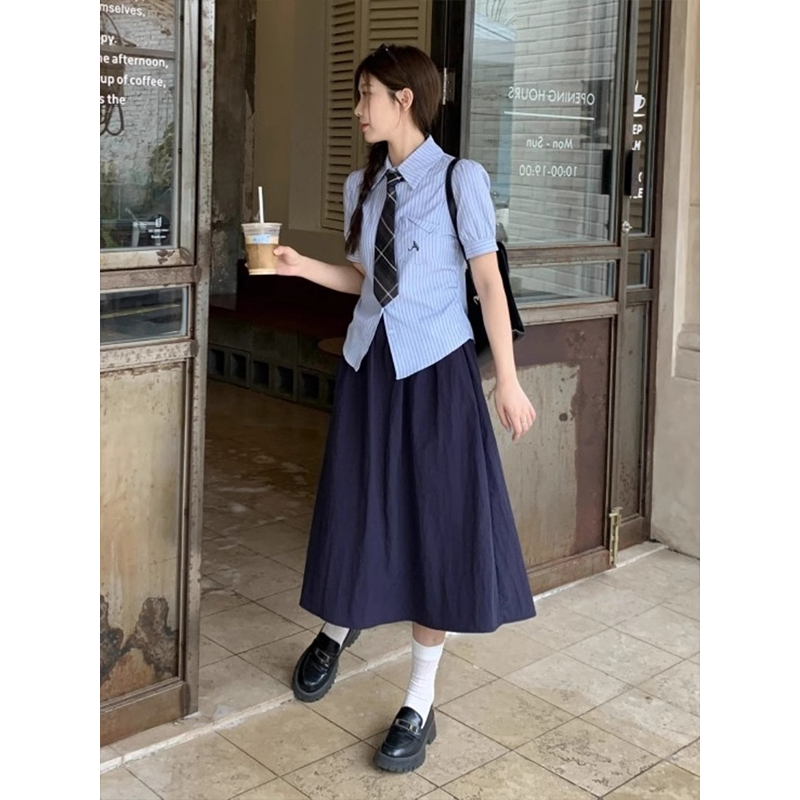 藏青色半身裙女春款梨型高腰遮胯中长款小个子显瘦a字裙伞裙