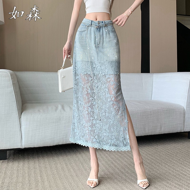 复古牛仔蕾丝拼接半身裙女夏季设计感提花高腰a字侧开叉包臀裙潮