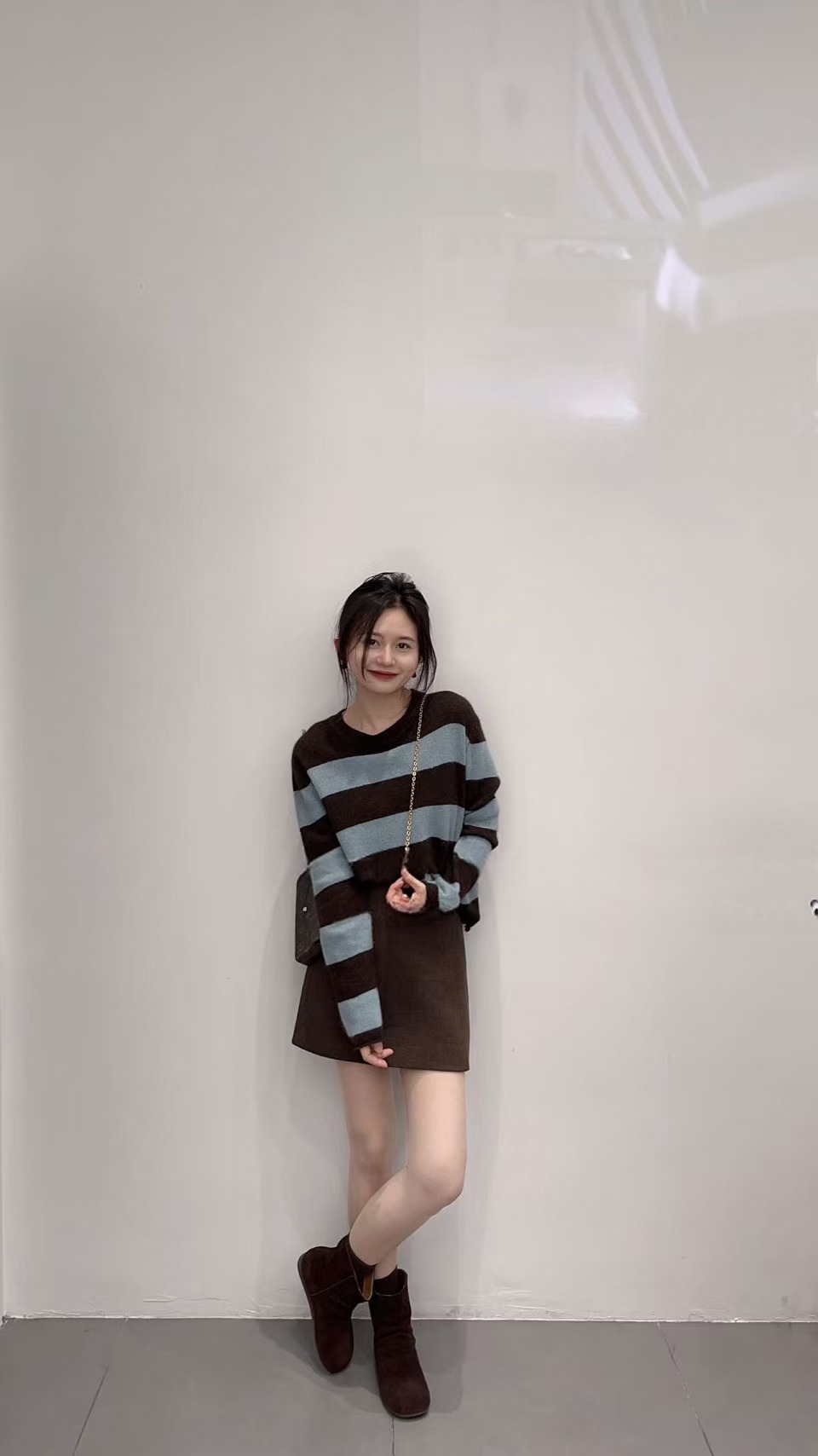 2025秋季新款软糯长袖针织衫撞色条纹休闲上衣百搭半裙两件套装