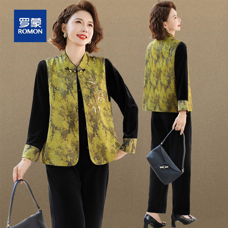 罗蒙春秋新款中年妈妈气质小衫套装中老年女装外套国风上衣三件套