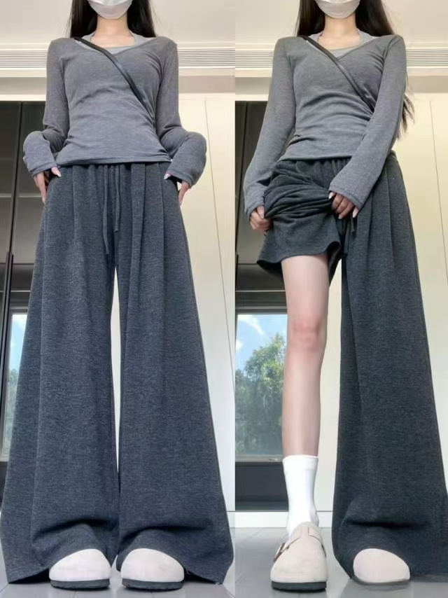 加绒加厚糯米裤秋冬新款百搭高腰显瘦垂感直筒裤阔腿裤慵懒休闲裤