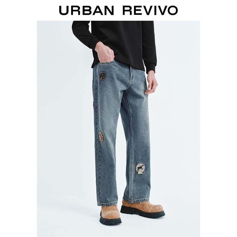 UR2025秋季新款男装时尚复古贴布绣棉质牛仔长裤UML850102