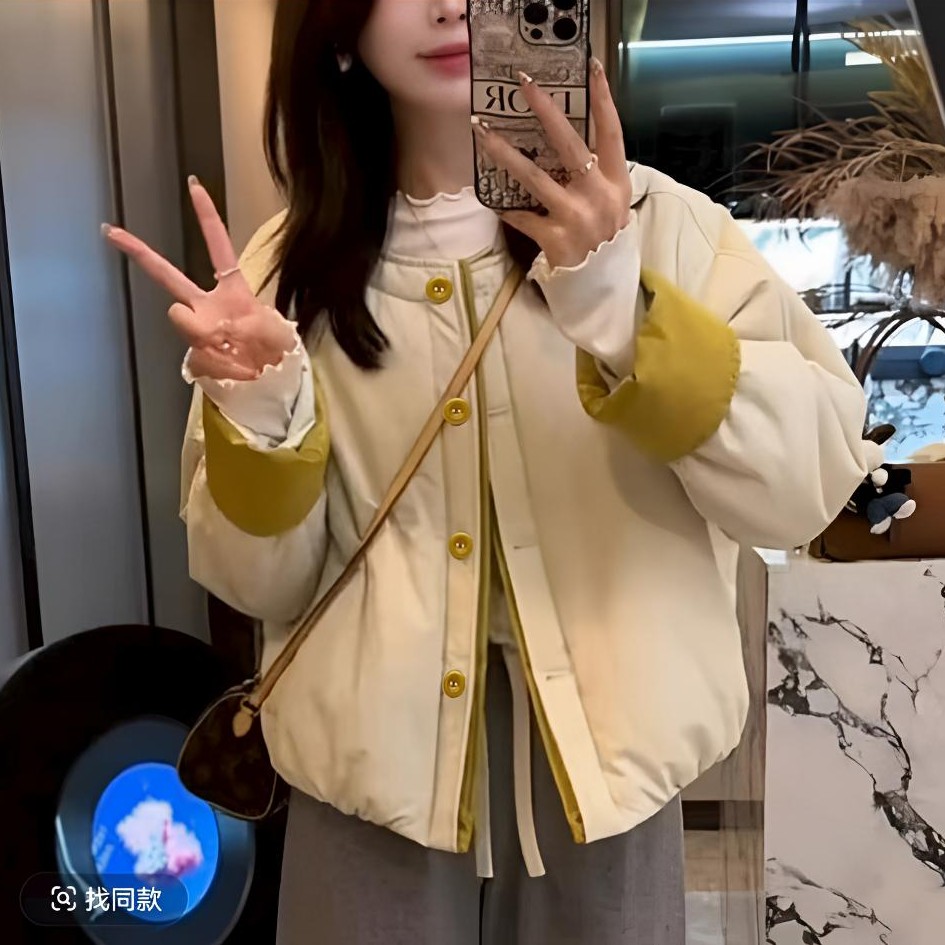 宽松型圆领常规款落肩袖棉衣棉服韩版时尚秋冬小个子短款休闲加厚