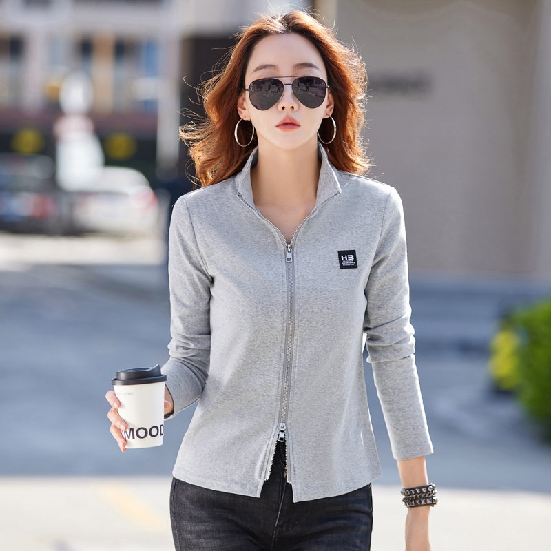 早秋新款修身显瘦拉链外穿长袖t恤女开衫休闲运动上衣立领外套潮