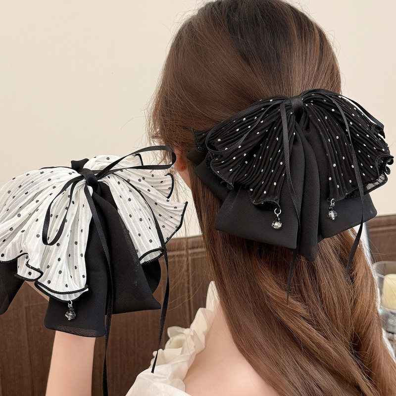 韩系多层网纱褶皱波点马尾夹荷叶边丝带蝴蝶结抓夹气质时尚发夹子