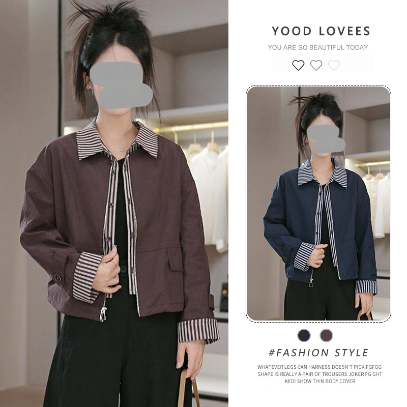 2025春秋新款韩系条纹拼接假两件短外套女设计感宽松百搭夹克上衣