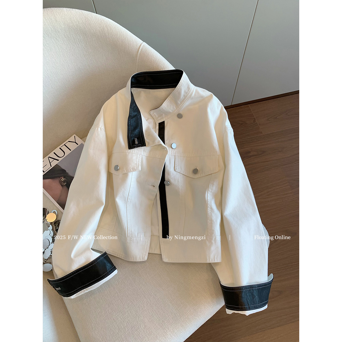 设计感拼皮撞色立领短外套女2025年秋季新款时尚高级休闲工装夹克