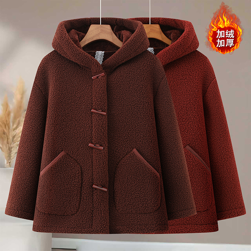 妈妈冬装加绒加厚羊羔绒外套中老年女装连帽颗粒绒防寒保暖棉衣