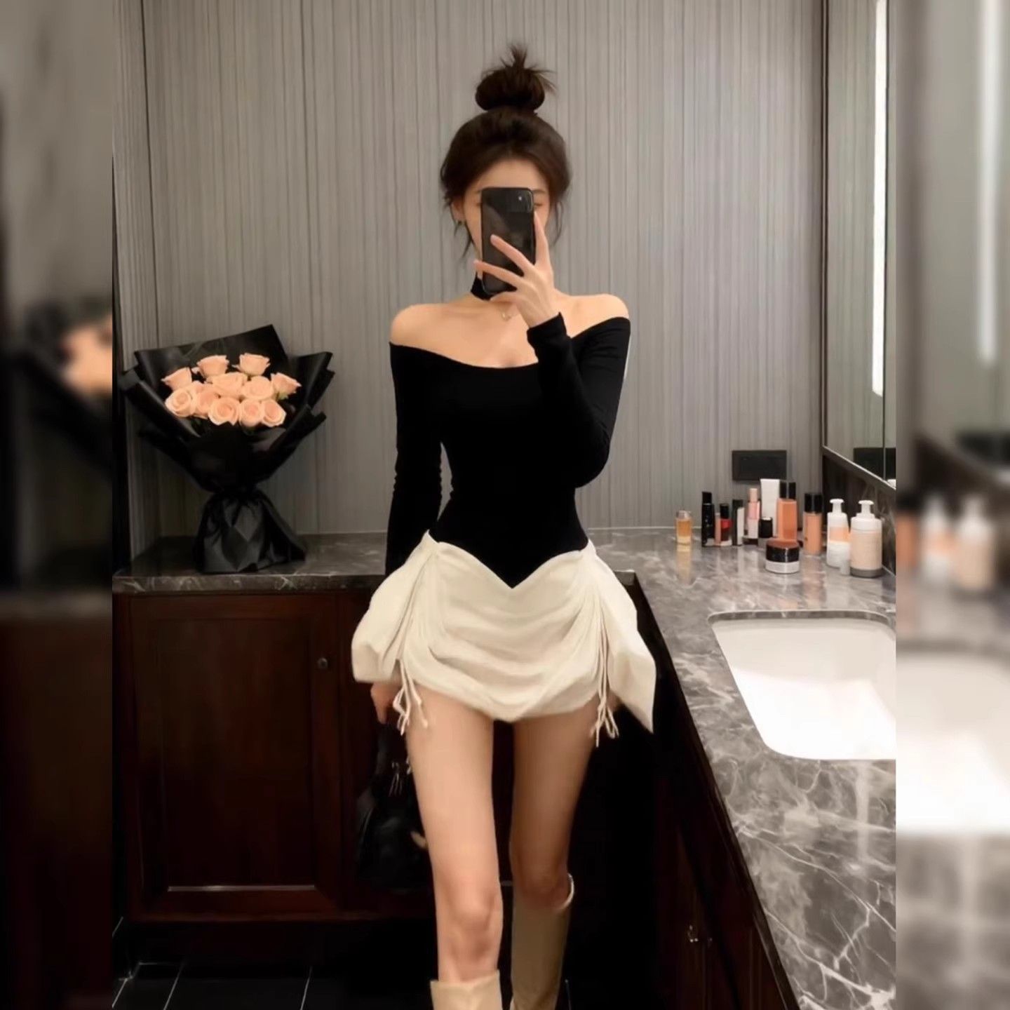 气质黑色一字肩连衣裙2025秋冬新款富家千金穿搭短裙法式裙子女装