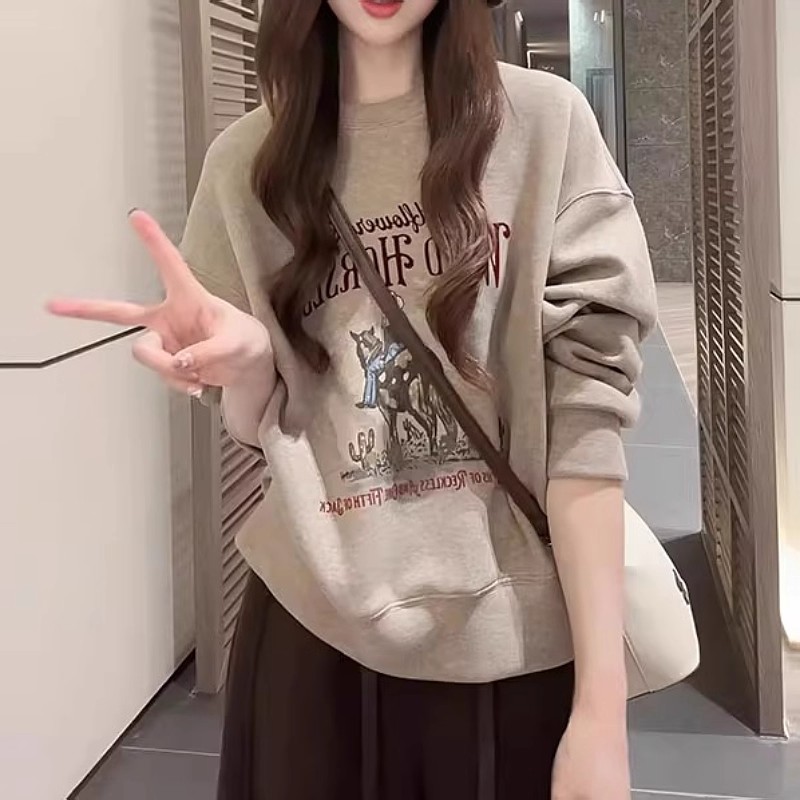 卡通印花圆领套头长袖卫衣秋冬新款胖MM大码女装宽松显瘦减龄上衣