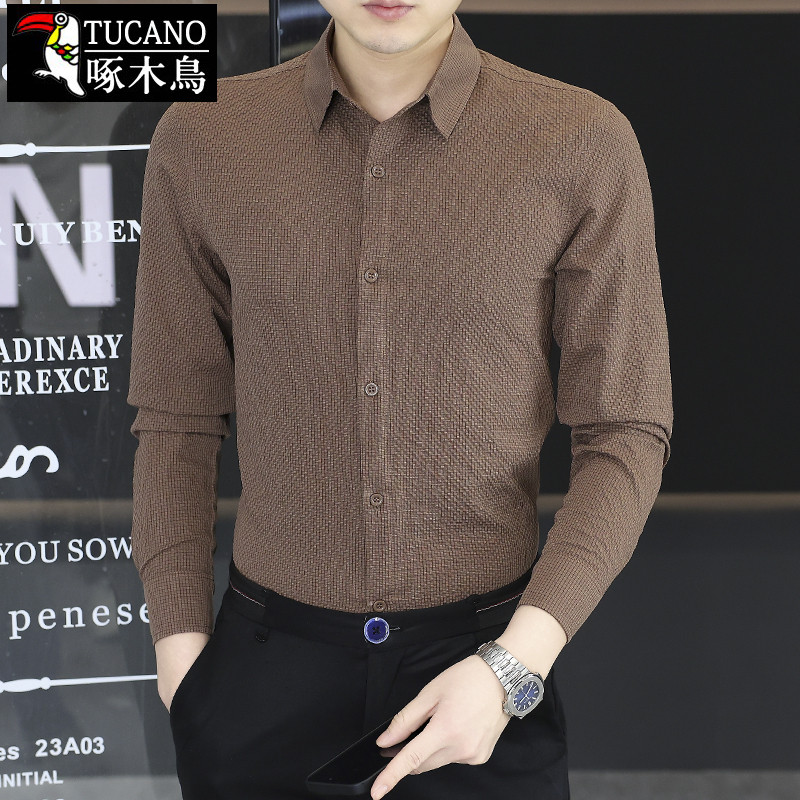 啄木鳥 男士长袖衬衫春秋季泡泡纱免烫商务休闲衬衣修身上衣服男